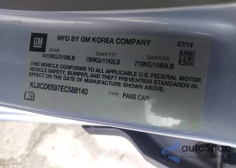 2014 Chevrolet Spark 1Lt Auto from USA, damaged, VIN KL8CD6S97EC588140